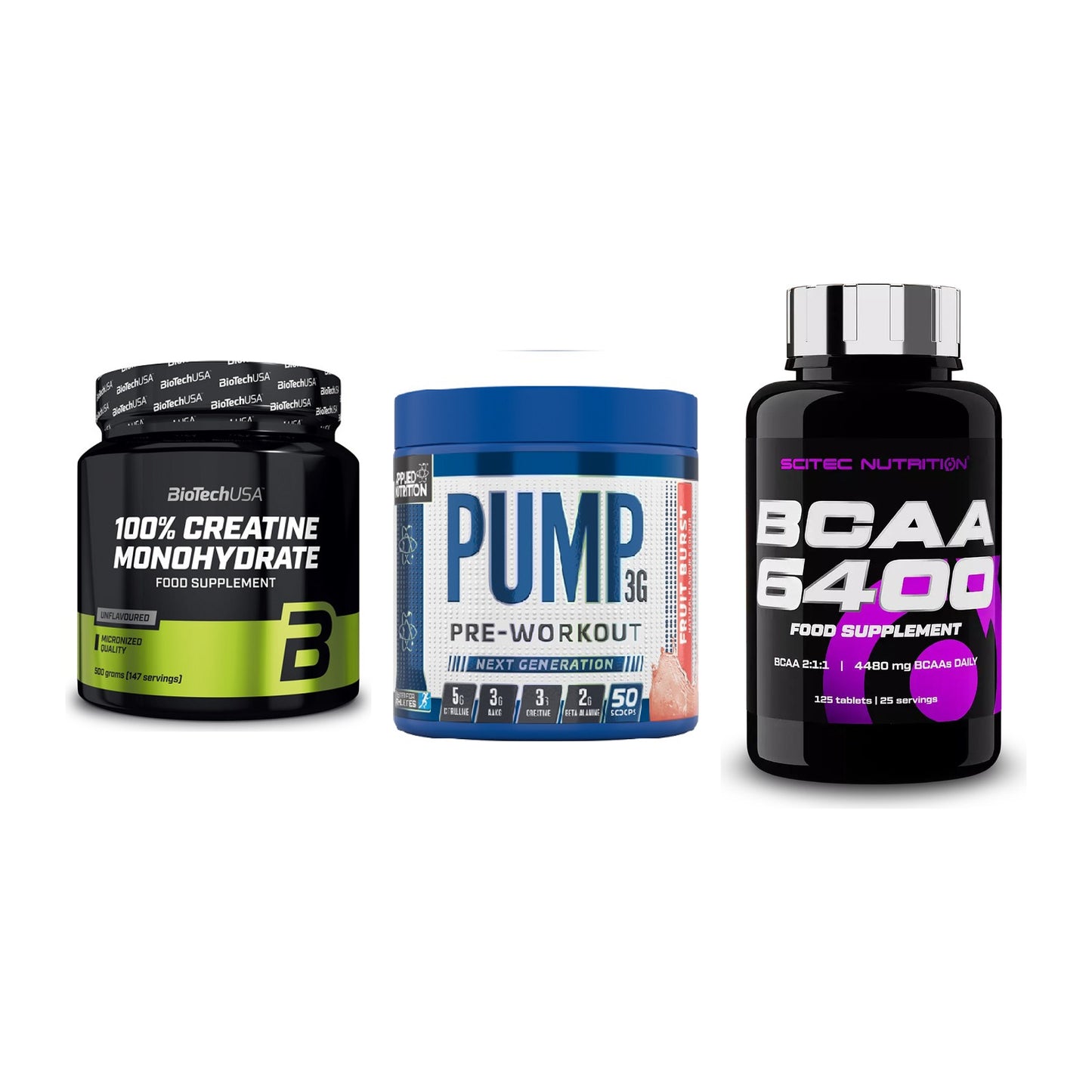 Kraft-Stack: BioTech Creatine + Applied Nutrition + Scitec BCAA 6400 – alle enthaltenen Artikel