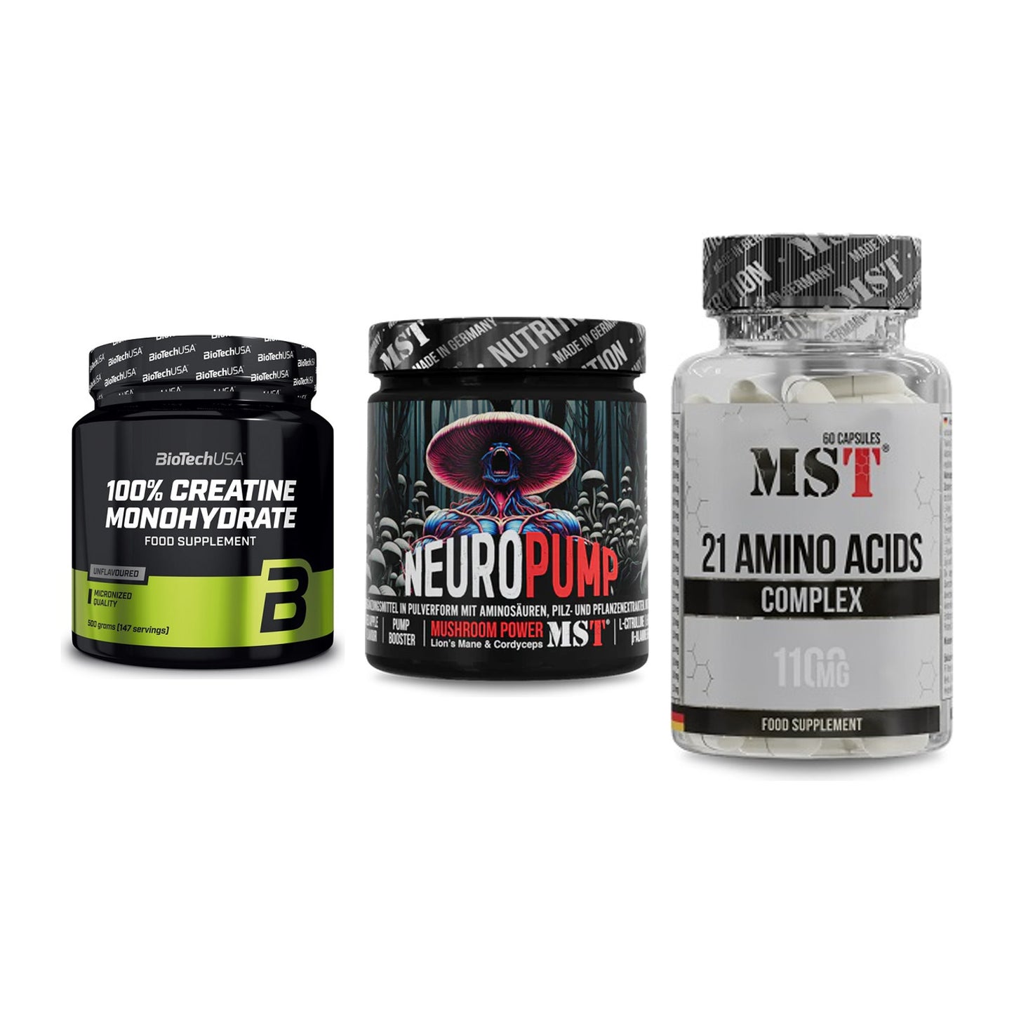 Kraft-Stack: BioTech Creatine + MST NeuroPump + MST 21 Amino – alle enthaltenen Artikel