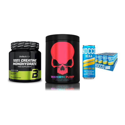 Kraft-Stack: BioTech Creatine + Genius Nutrition + Nocco BCAA Drink – alle enthaltenen Artikel