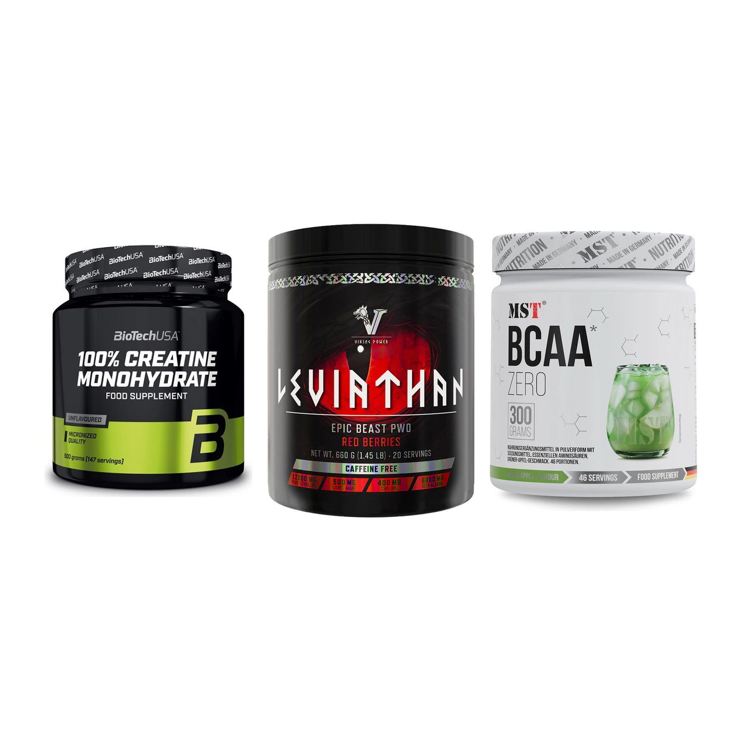 Kraft-Stack: BioTech Creatine + Viking Power + MST BCAA Zero – alle enthaltenen Artikel