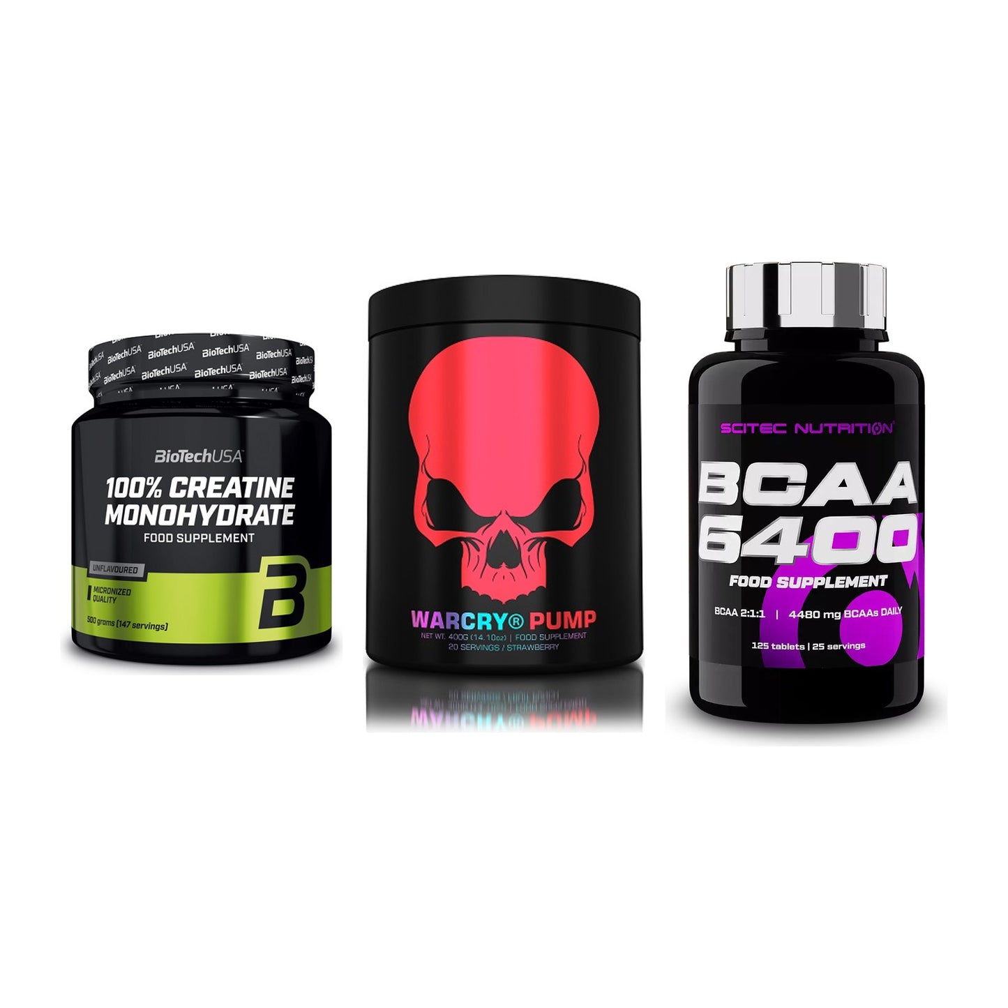 Kraft-Stack: BioTech Creatine + Genius Nutrition + Scitec BCAA 6400 – alle enthaltenen Artikel