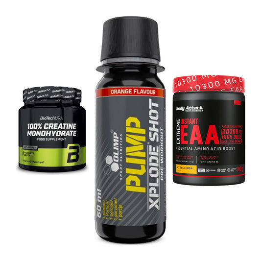 Kraft-Stack: BioTech Creatine + Olimp Pump Xplode + Body Attack – alle enthaltenen Artikel