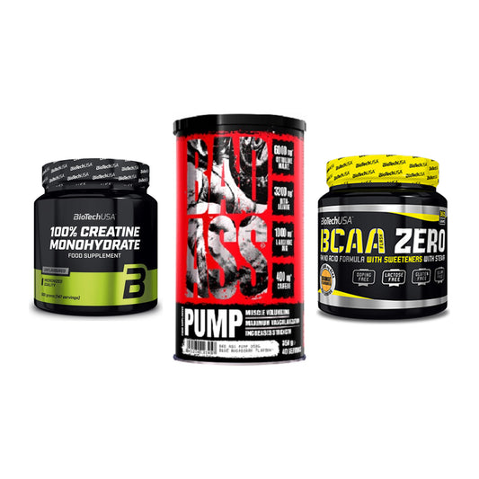 Kraft-Stack: BioTech Creatine + BAD ASS Pump + BioTech BCAA Zero – alle enthaltenen Artikel