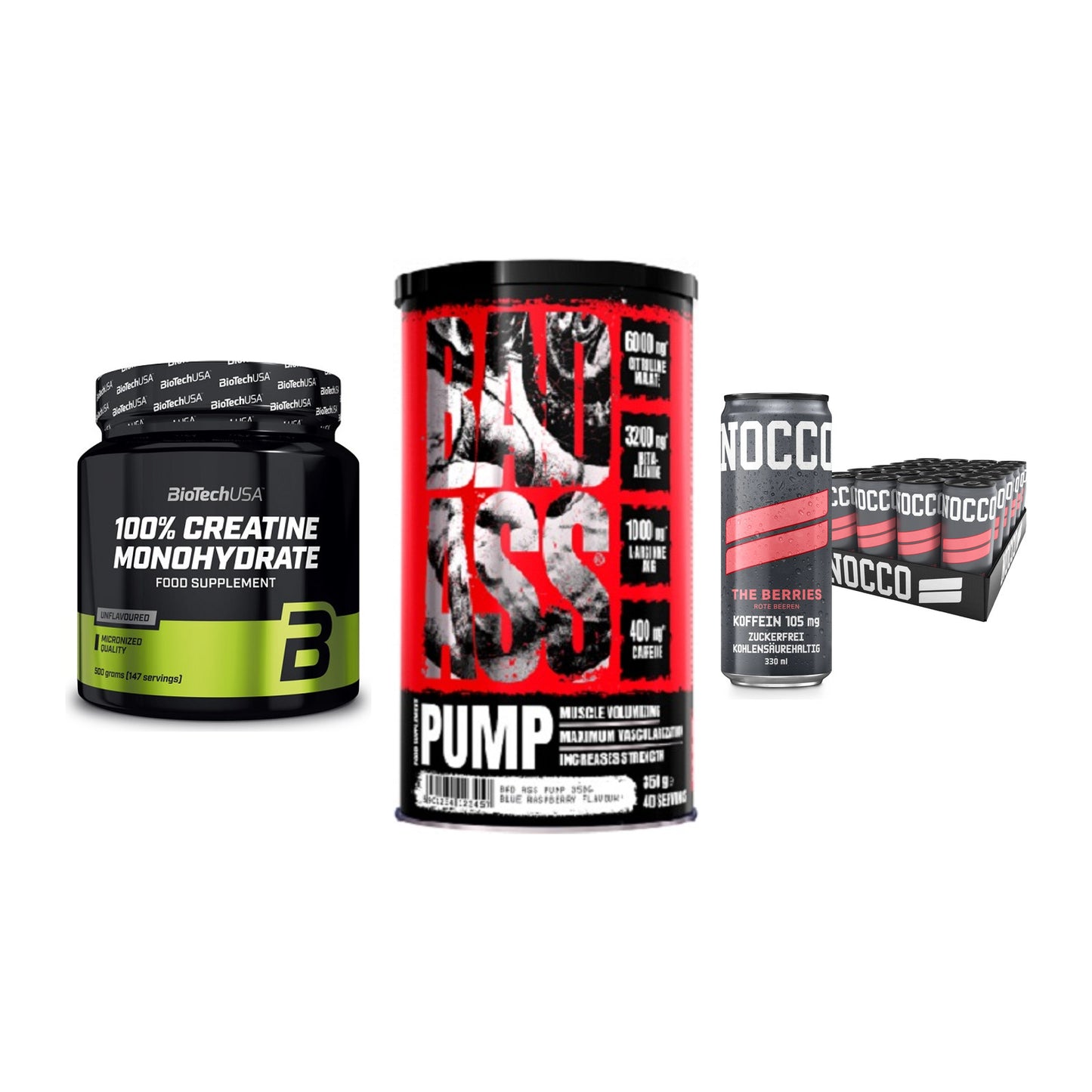 Kraft-Stack: BioTech Creatine + BAD ASS Pump + Nocco BCAA Drink – alle enthaltenen Artikel