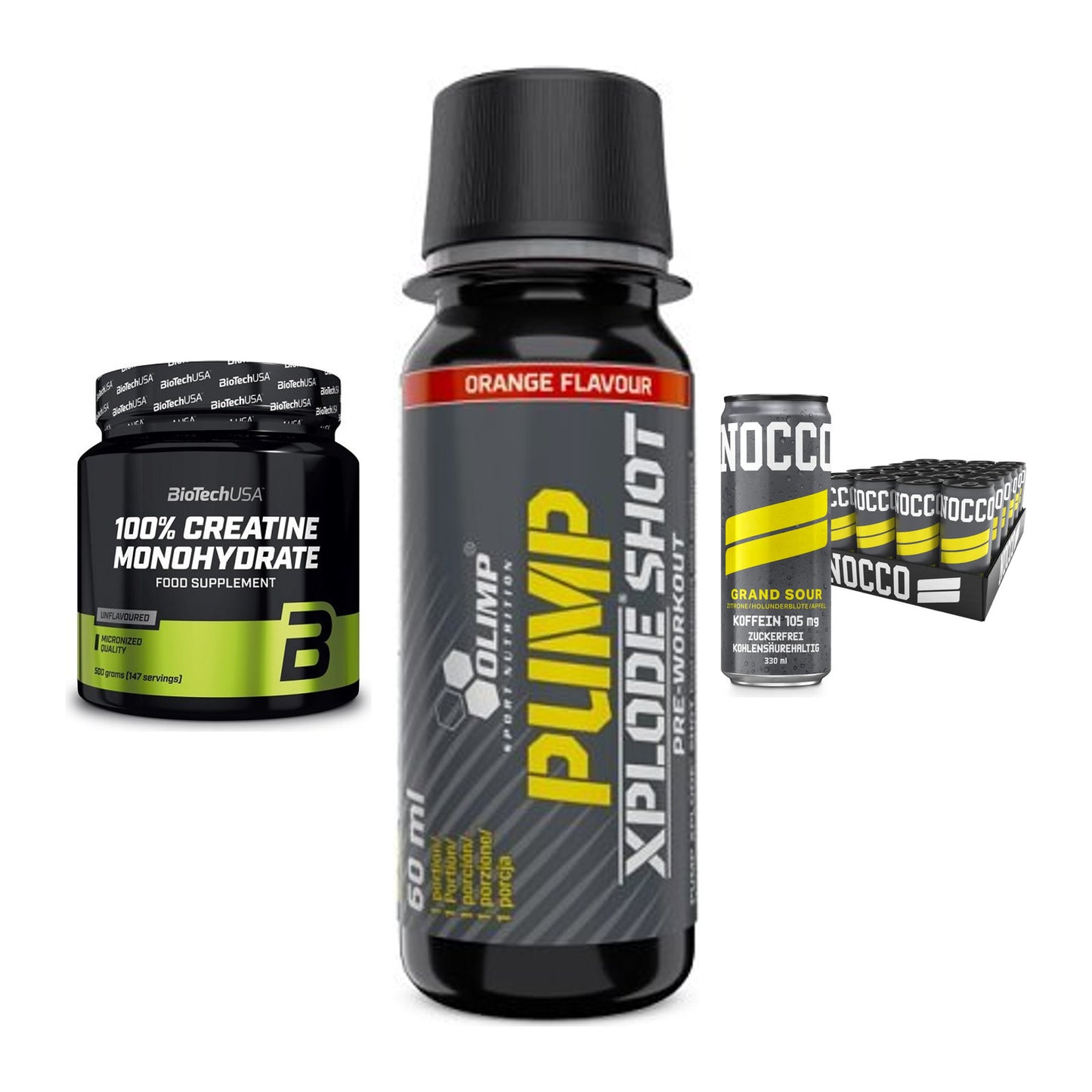 Kraft-Stack: BioTech Creatine + Olimp Pump Xplode + Nocco BCAA Drink – alle enthaltenen Artikel