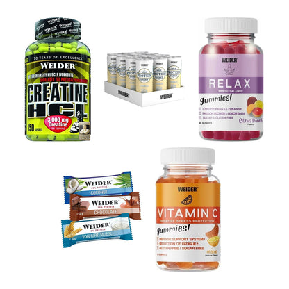 Weider Marken-Großset: Creatin HCL + Protein Milk Shake + 3 weitere – alle enthaltenen Artikel