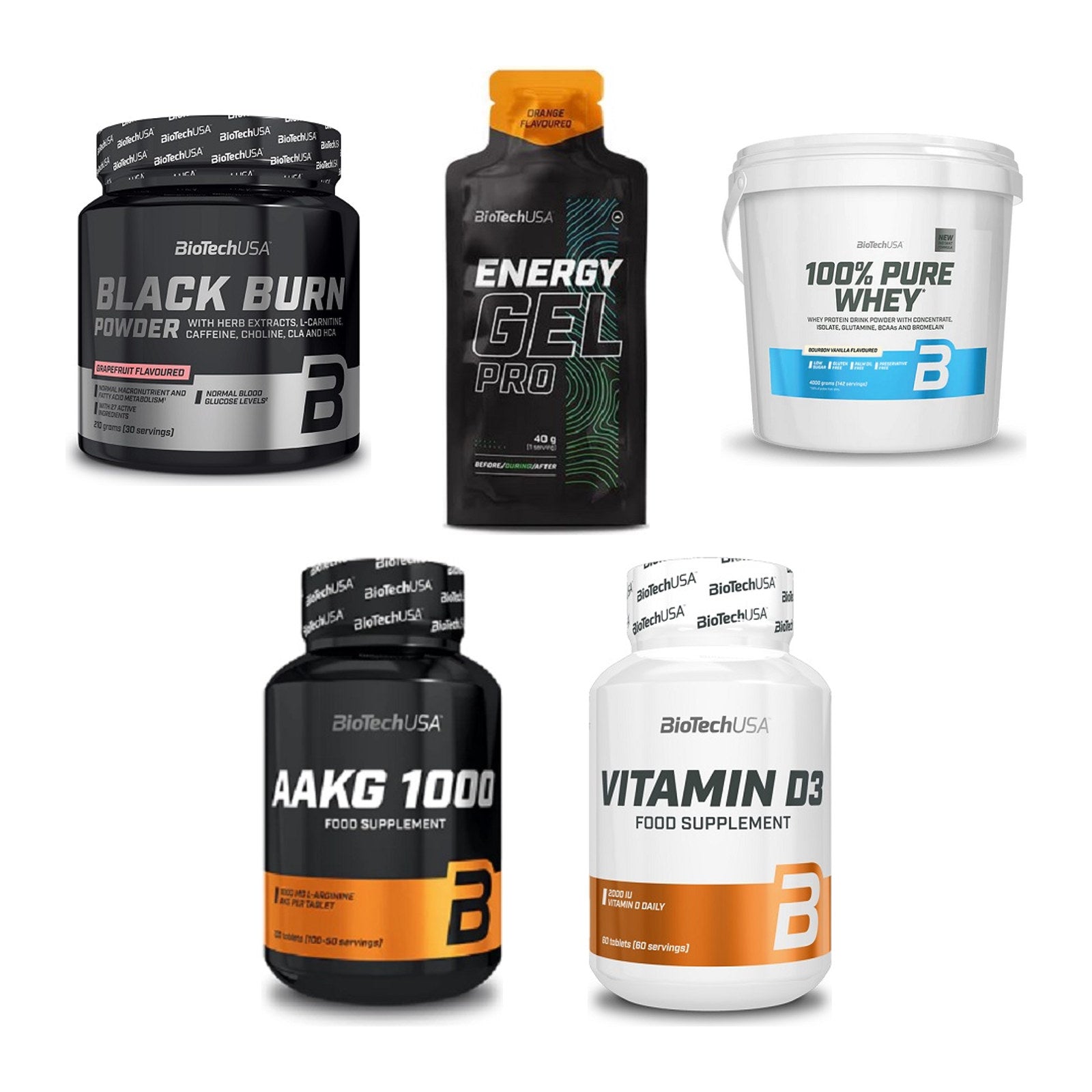 BioTech USA Marken-Großset: Black Burn + Energy Gel + 3 weitere – alle enthaltenen Artikel