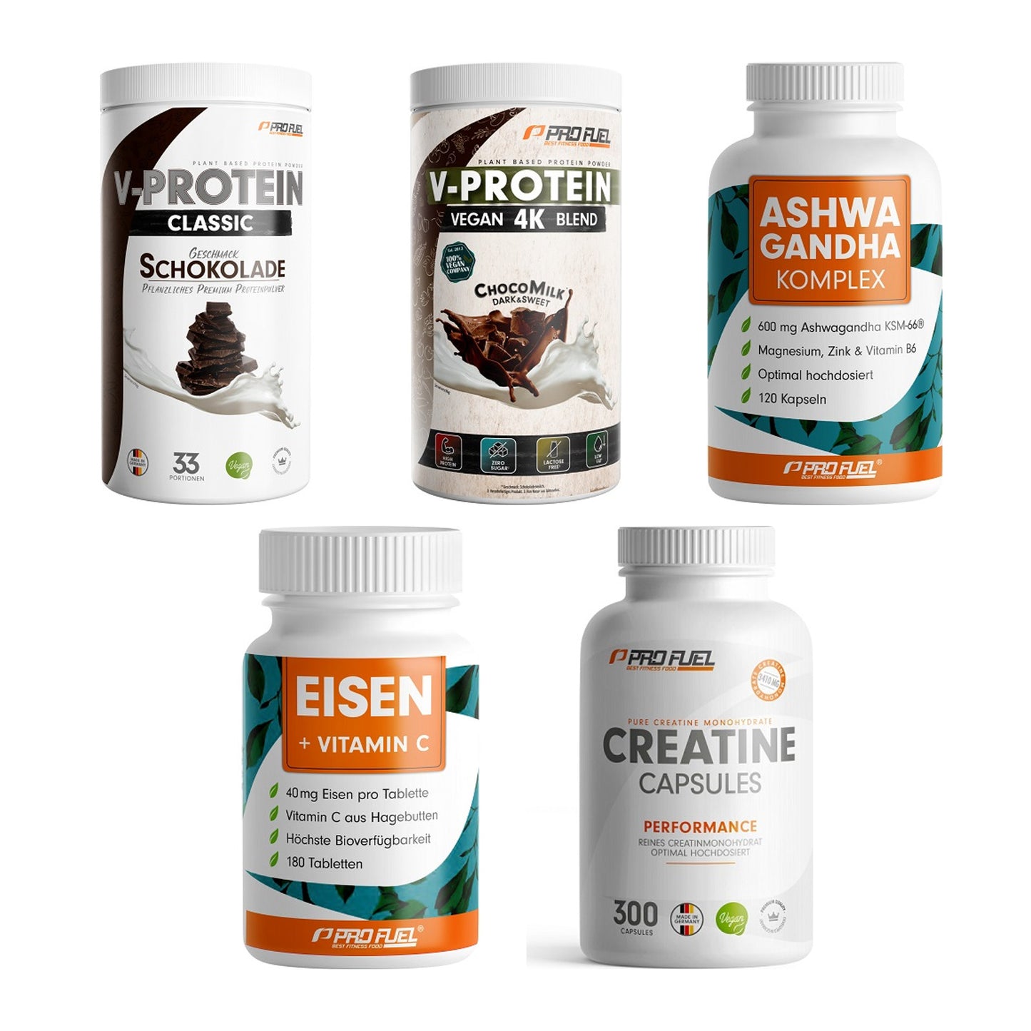 ProFuel Marken-Großset: VEGAN PROTEIN + V-PROTEIN vegan + 3 weitere – alle enthaltenen Artikel