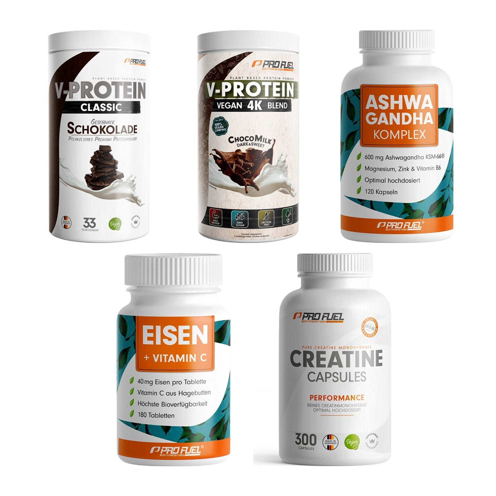 ProFuel Marken-Großset: VEGAN PROTEIN + V-PROTEIN vegan + 3 weitere – alle enthaltenen Artikel