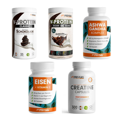ProFuel Marken-Großset: VEGAN PROTEIN + V-PROTEIN vegan + 3 weitere – alle enthaltenen Artikel