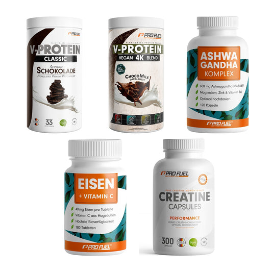 ProFuel Marken-Großset: VEGAN PROTEIN + V-PROTEIN vegan + 3 weitere – alle enthaltenen Artikel