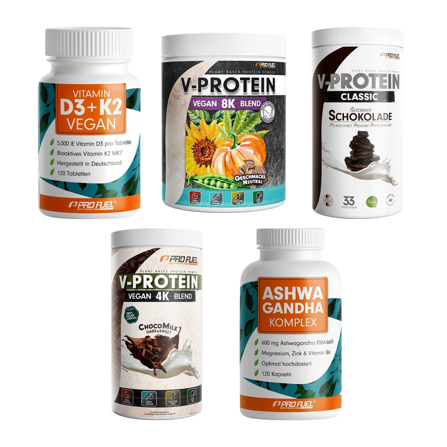 ProFuel Marken-Großset: Vitamin D3 & K2 + V-Protein Vegan + 3 weitere – alle enthaltenen Artikel