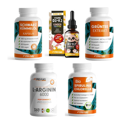 ProFuel Marken-Großset: Schwarzkümmelöl + VITAMIN D3 + K2 + 3 weitere – alle enthaltenen Artikel