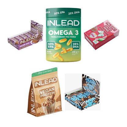 INLEAD Marken-Großset: Wafer Bar 15x45g + Omega-3 + 3 weitere – alle enthaltenen Artikel