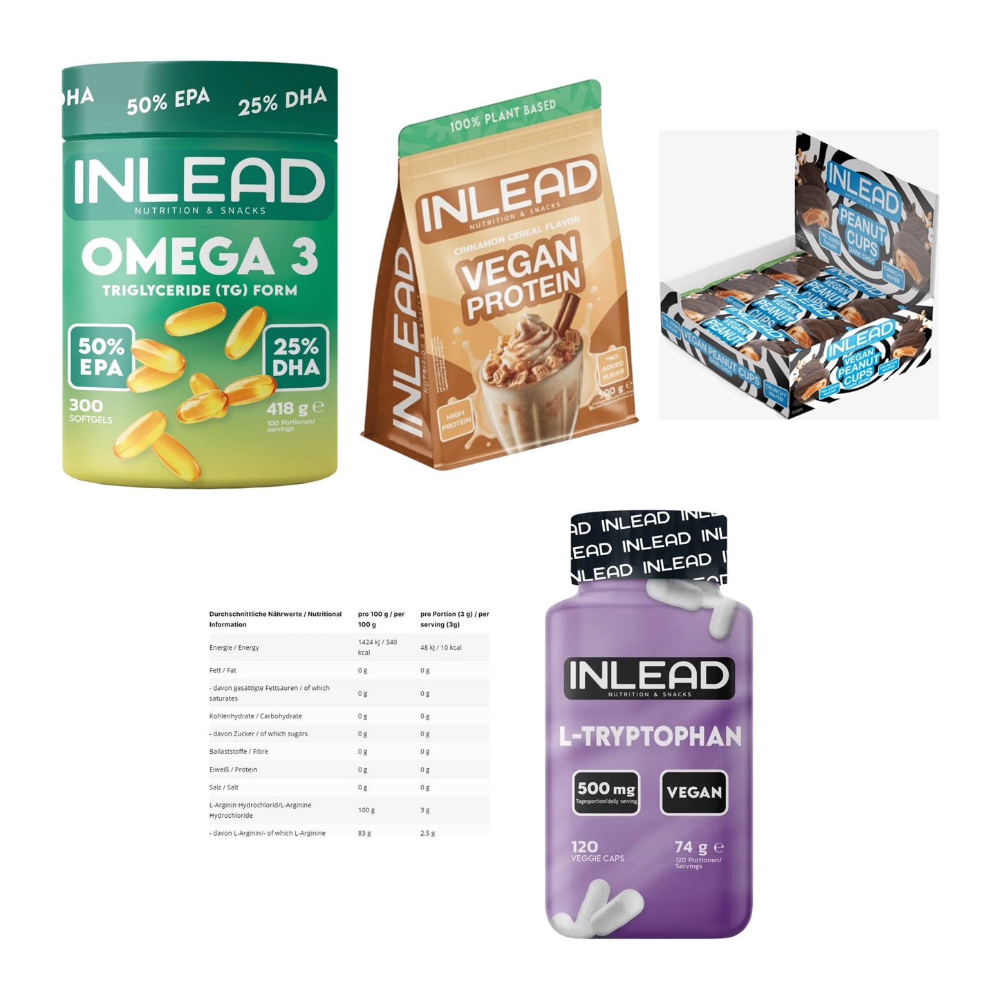 INLEAD Marken-Großset: Omega-3 + Vegan Protein + 3 weitere – alle enthaltenen Artikel