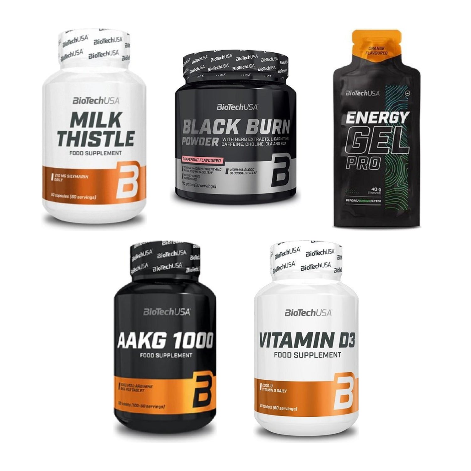 BioTech USA Marken-Großset: Milk Thistle + Black Burn + 3 weitere – alle enthaltenen Artikel