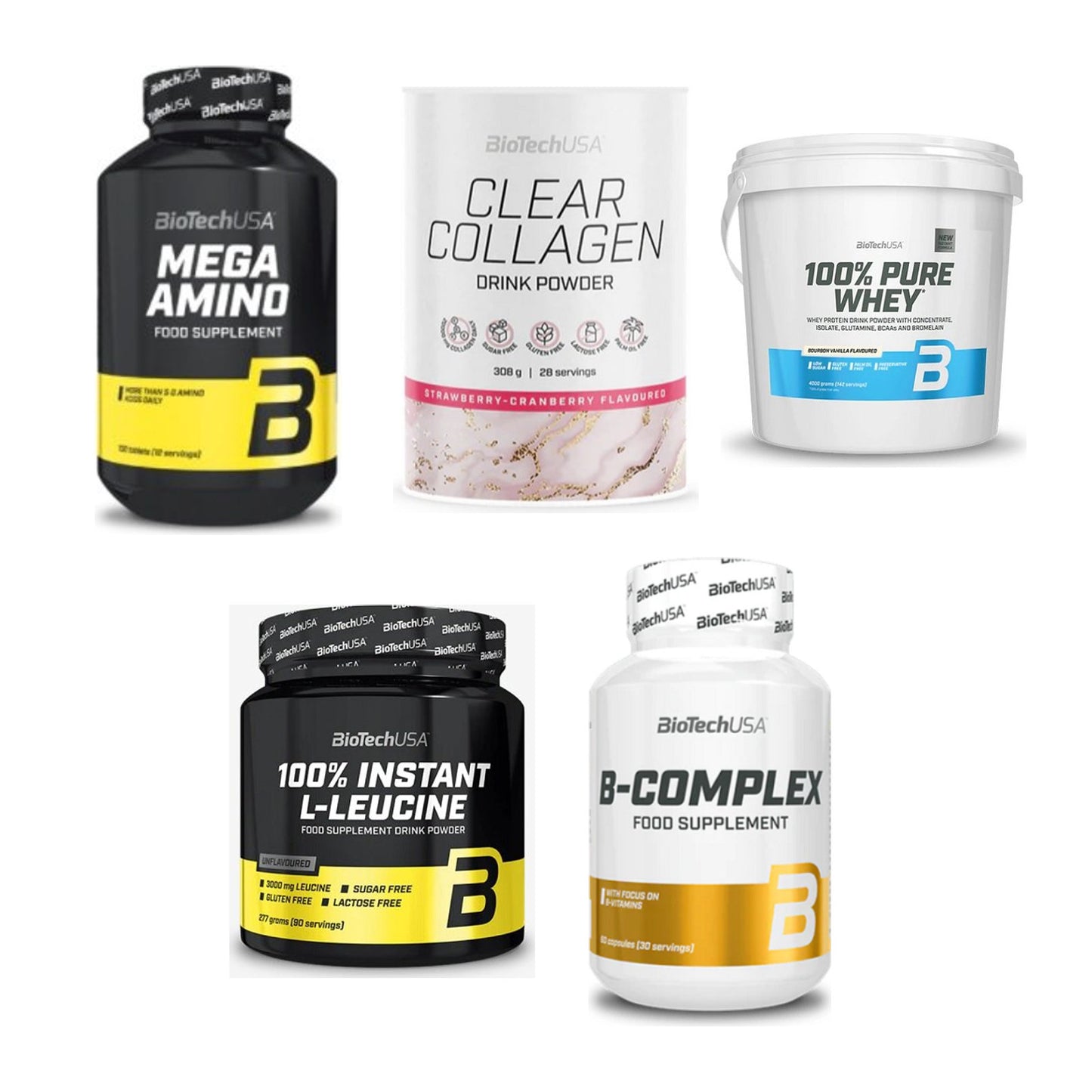 BioTech USA Marken-Großset: Mega Amino + Clear Collagen + 3 weitere – alle enthaltenen Artikel