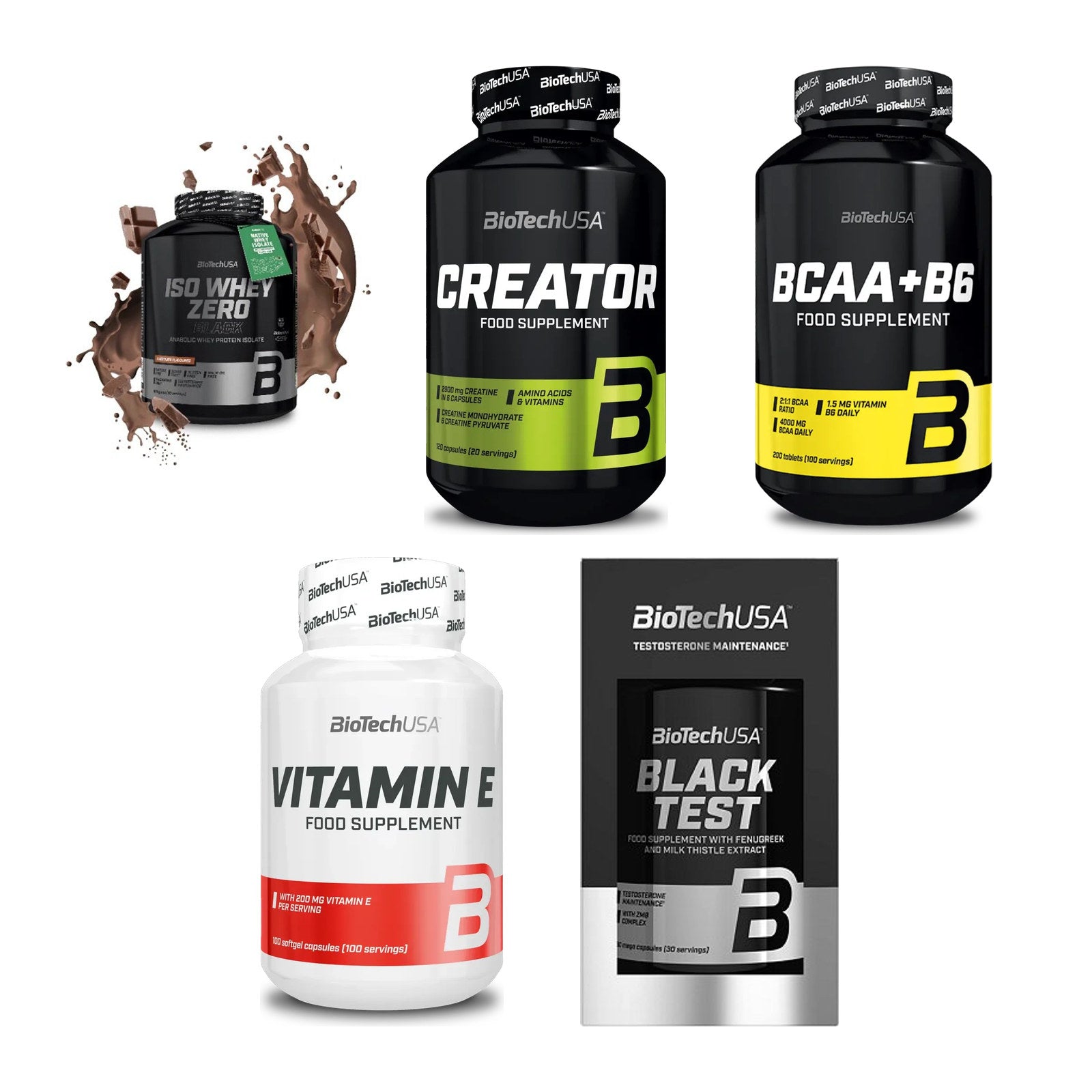 BioTech USA Marken-Großset: Iso Whey Zero Black + CreaTor + 3 weitere – alle enthaltenen Artikel