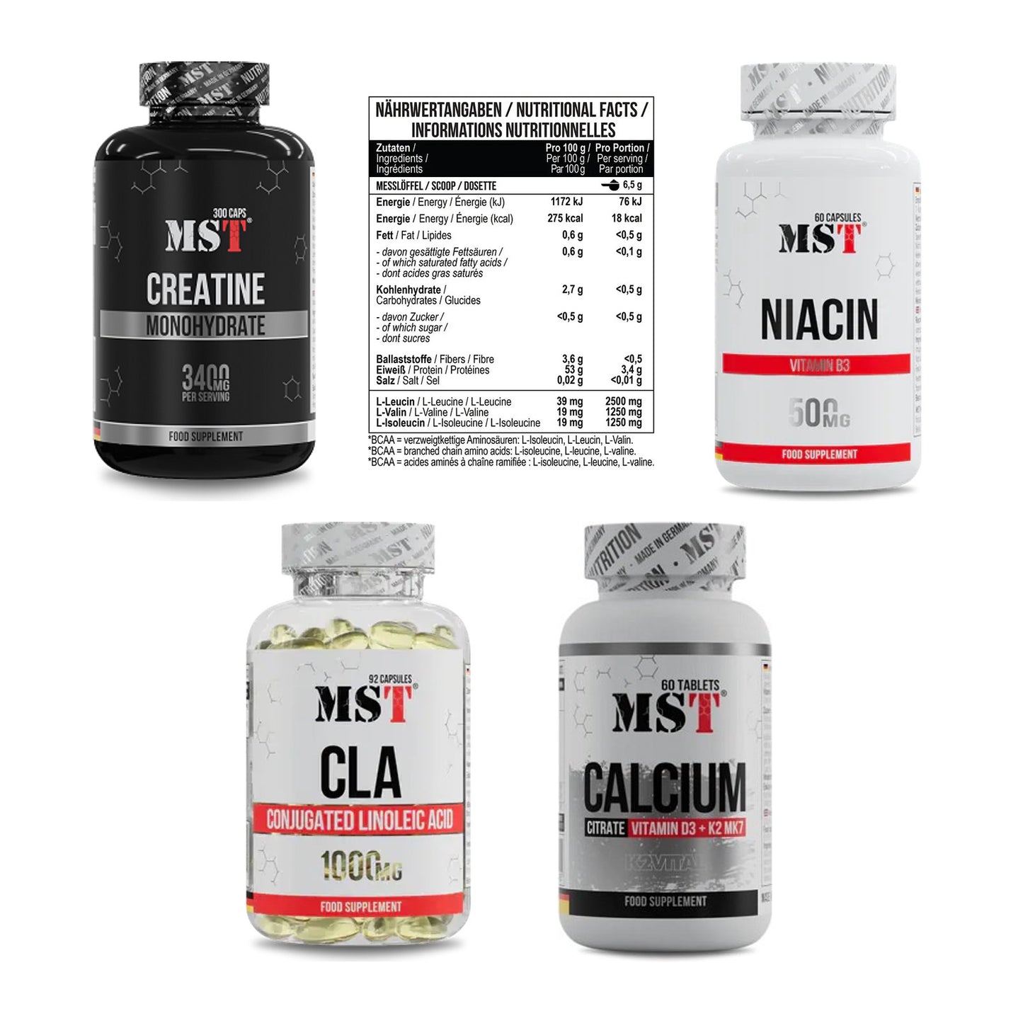 MST Marken-Großset: Creatine Monohydrate + BCAA Zero + 3 weitere – alle enthaltenen Artikel