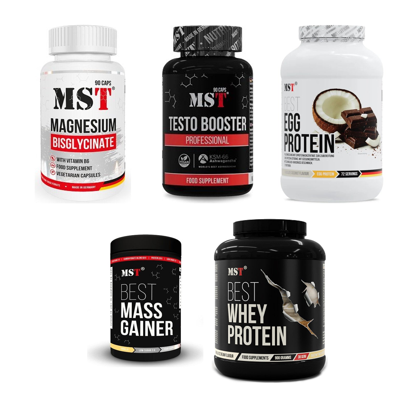 MST Marken-Großset: Magnesium + Testo Booster + 3 weitere – alle enthaltenen Artikel