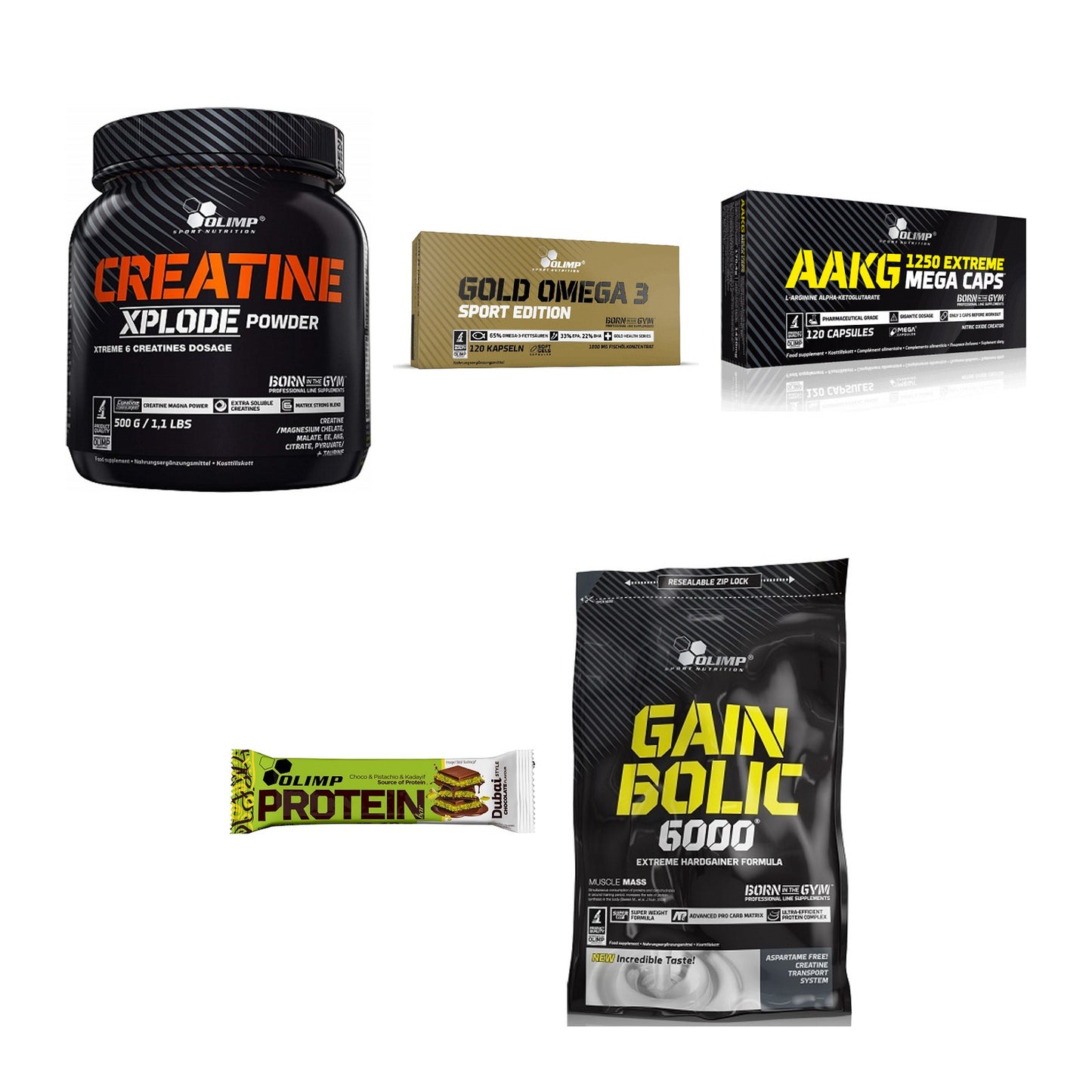 Olimp Marken-Großset: Creatine Xplode + Omega 3 Sport + 3 weitere – alle enthaltenen Artikel