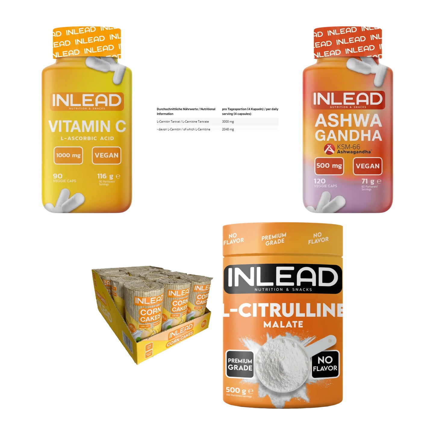 INLEAD Marken-Großset: Vitamin C + L-Carnitine Tartrate + 3 weitere – alle enthaltenen Artikel