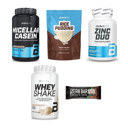 BioTech USA Marken-Großset: Micellar Casein + Rice Pudding + 3 weitere – alle enthaltenen Artikel