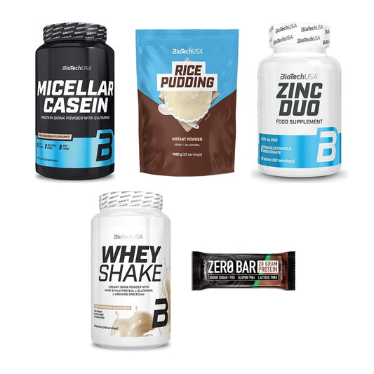 BioTech USA Marken-Großset: Micellar Casein + Rice Pudding + 3 weitere – alle enthaltenen Artikel