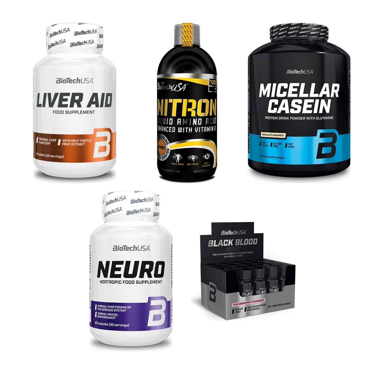 BioTech USA Marken-Großset: Liver Aid + Liquid Amino + 3 weitere – alle enthaltenen Artikel