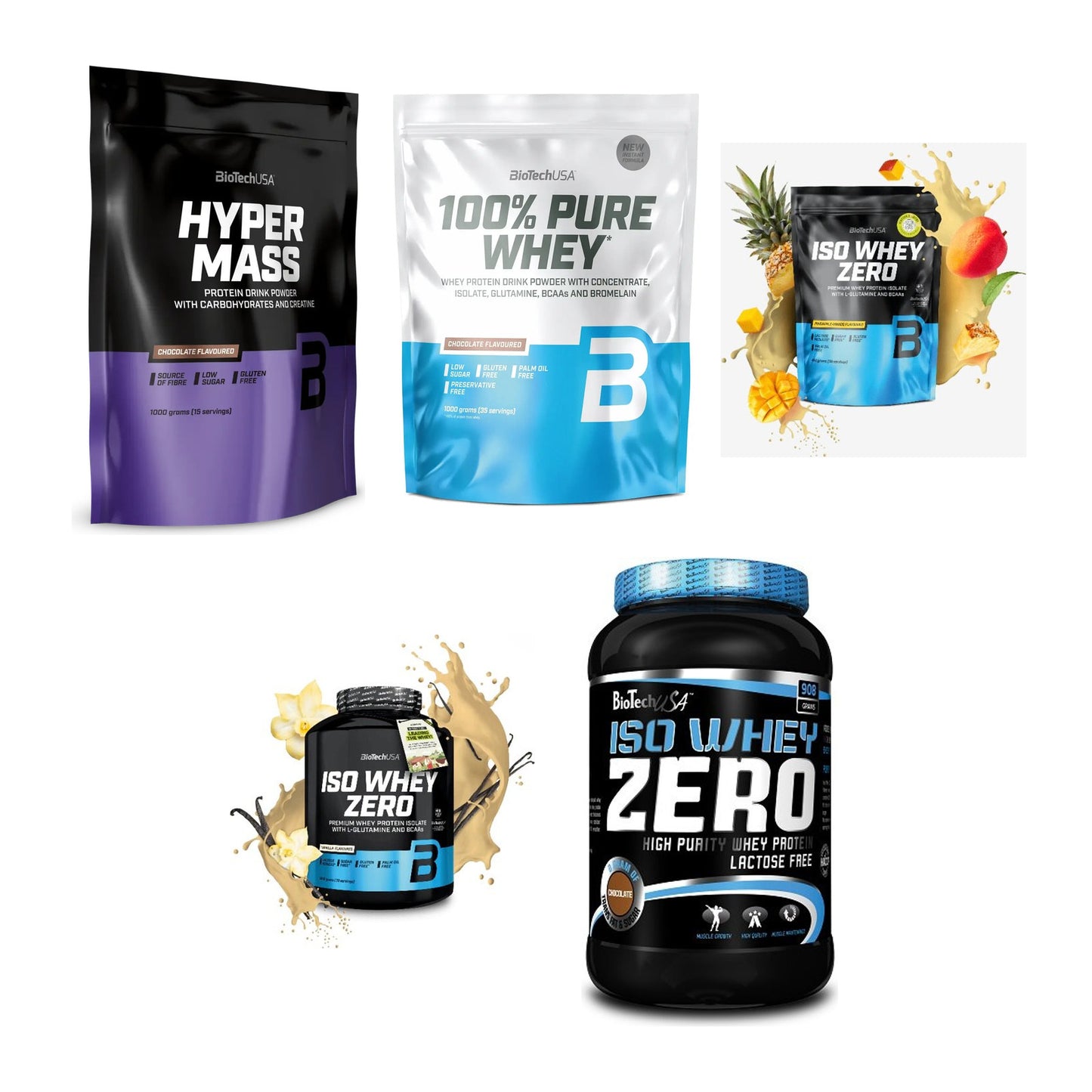 BioTech USA Marken-Großset: Hyper Mass + 100% Pure Whey + 3 weitere – alle enthaltenen Artikel
