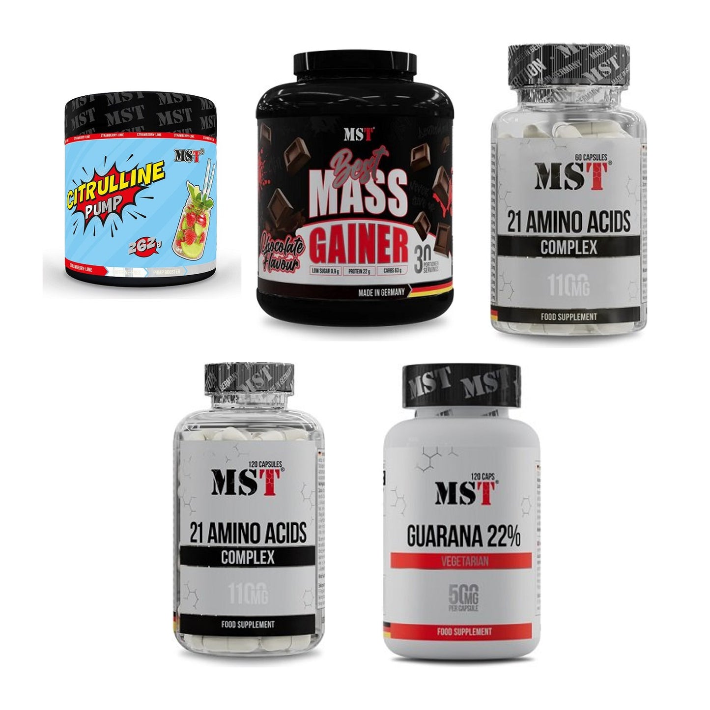 MST Marken-Großset: Citrulline Pump + Best Mass Gainer + 3 weitere – alle enthaltenen Artikel
