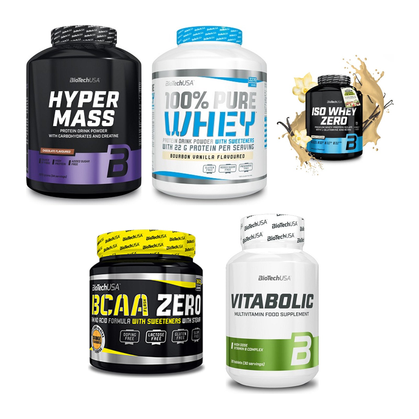 BioTech USA Marken-Großset: Hyper Mass + 100% Pure Whey + 3 weitere – alle enthaltenen Artikel