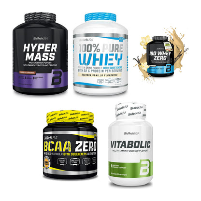 BioTech USA Marken-Großset: Hyper Mass + 100% Pure Whey + 3 weitere – alle enthaltenen Artikel