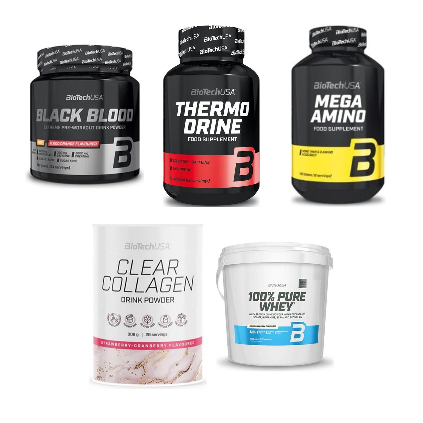 BioTech USA Marken-Großset: Black Blood + Thermo Drine + 3 weitere – alle enthaltenen Artikel