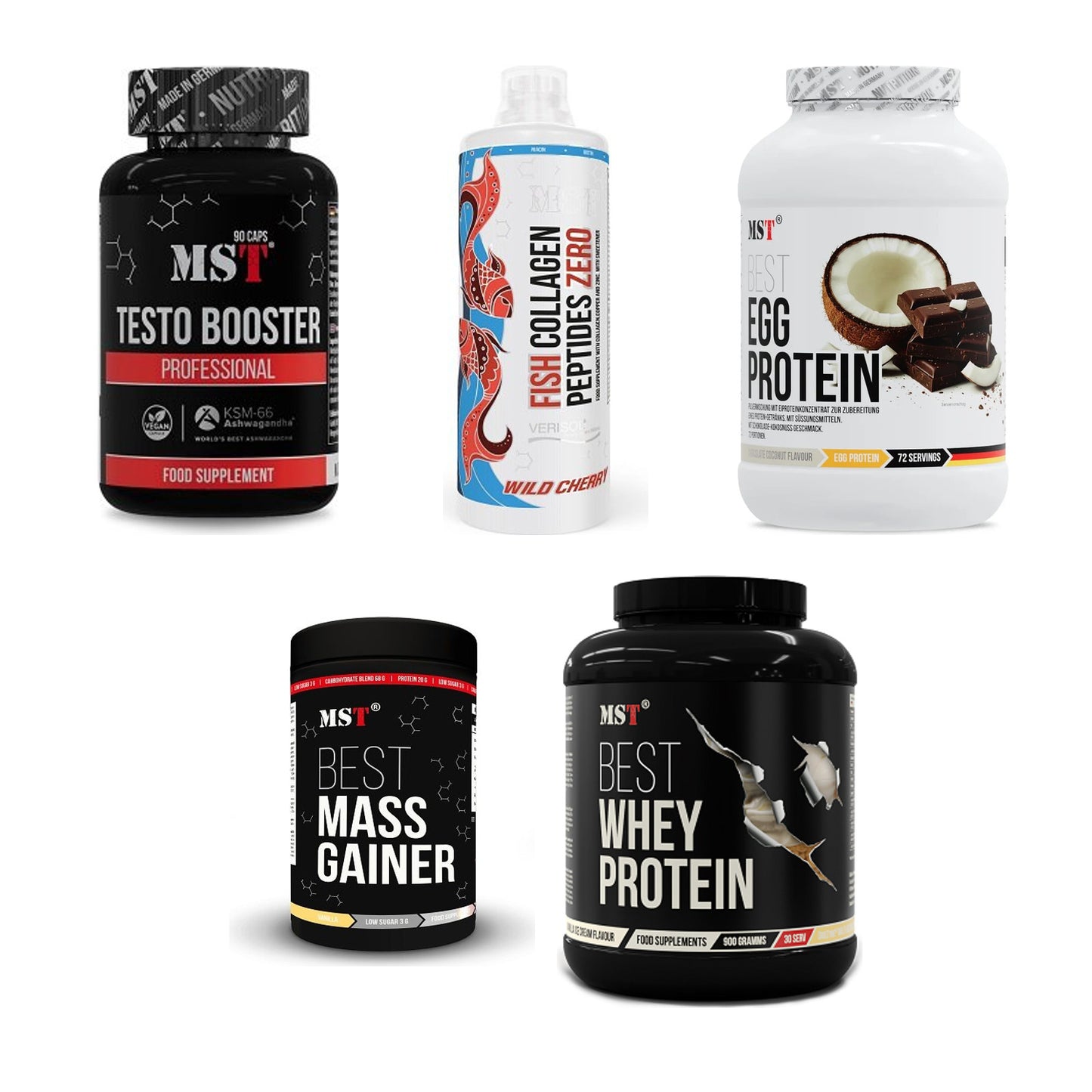 MST Marken-Großset: Testo Booster + Fish Collagen + 3 weitere – alle enthaltenen Artikel