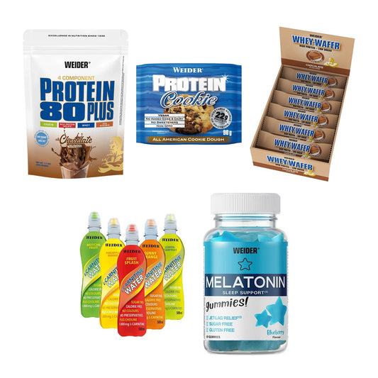 Weider Marken-Großset: Protein 80 Plus + Protein Cookie + 3 weitere – alle enthaltenen Artikel