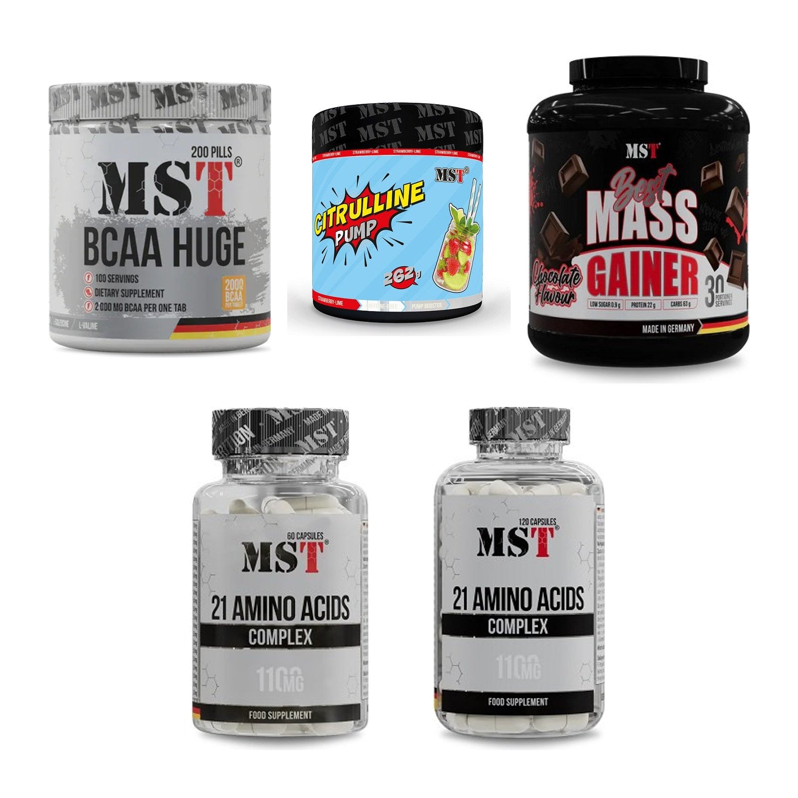 MST Marken-Großset: BCAA Huge 200 + Citrulline Pump + 3 weitere – alle enthaltenen Artikel