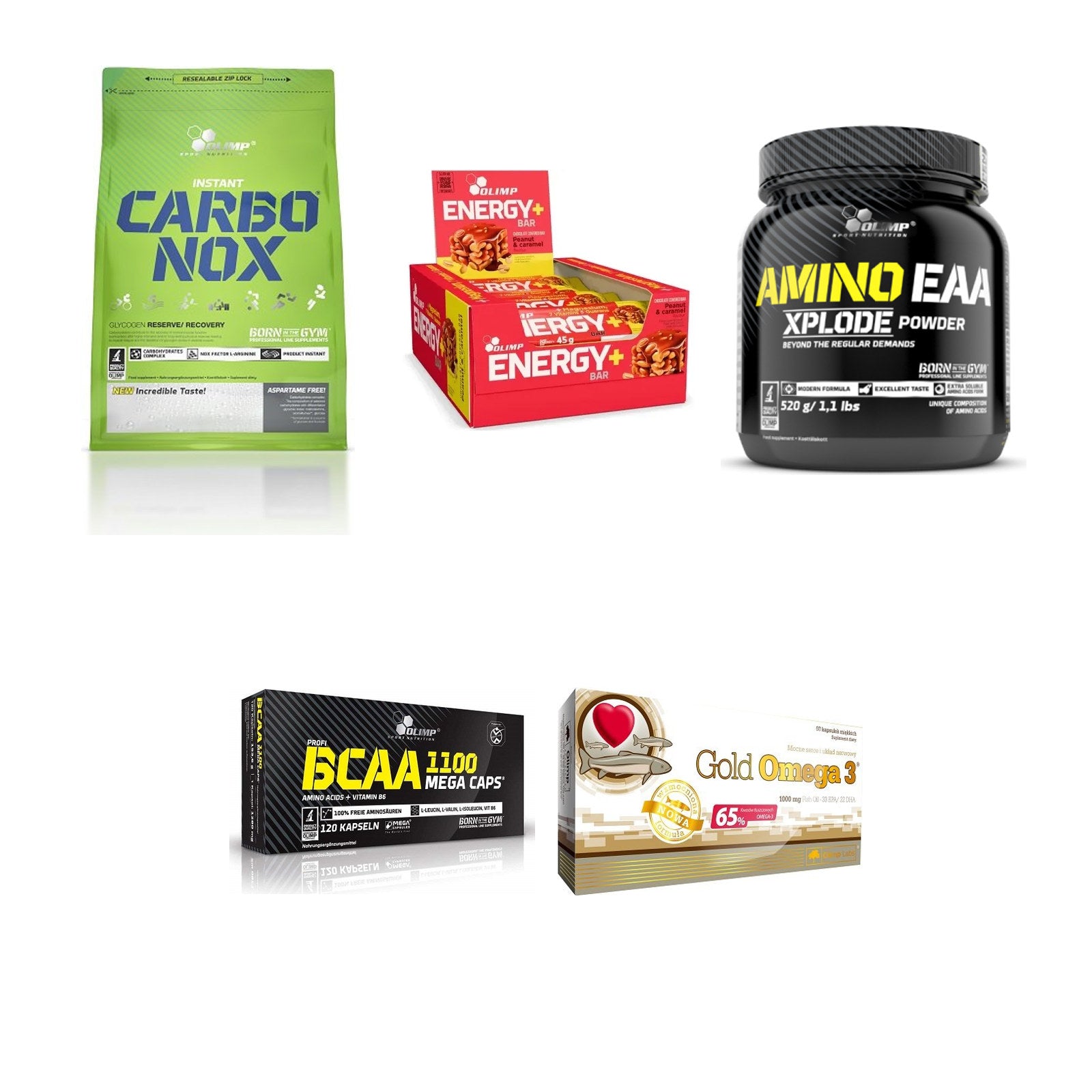 Olimp Marken-Großset: Carbo Nox 1kg Pulver + Energy+ Bar + 3 weitere – alle enthaltenen Artikel