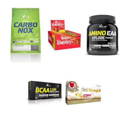 Olimp Marken-Großset: Carbo Nox 1kg Pulver + Energy+ Bar + 3 weitere – alle enthaltenen Artikel