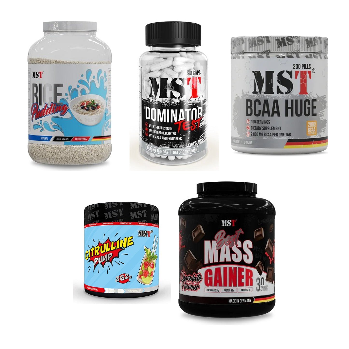 MST Marken-Großset: Rice Pudding + Dominator Test + 3 weitere – alle enthaltenen Artikel