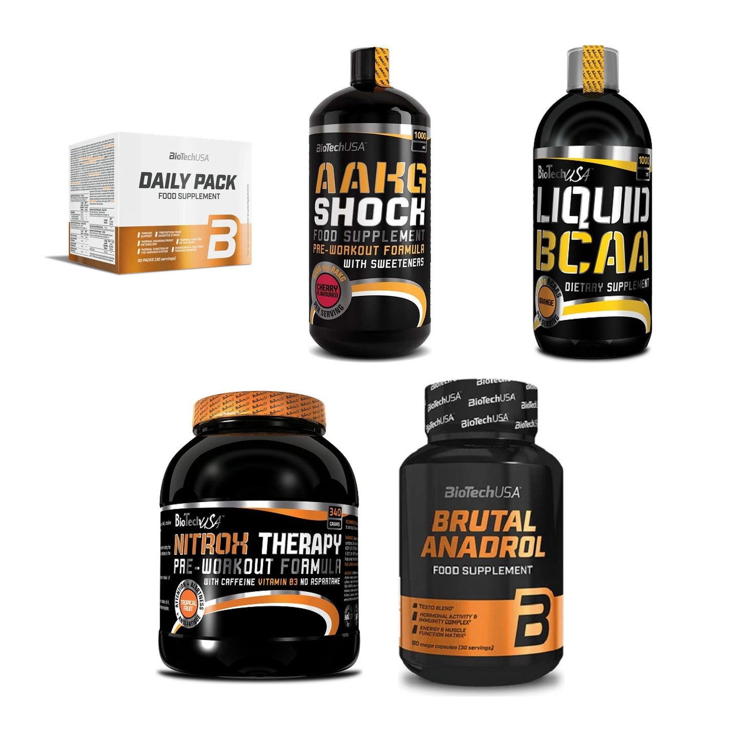 BioTech USA Marken-Großset: Daily Packs + AAKG Shock + 3 weitere – alle enthaltenen Artikel