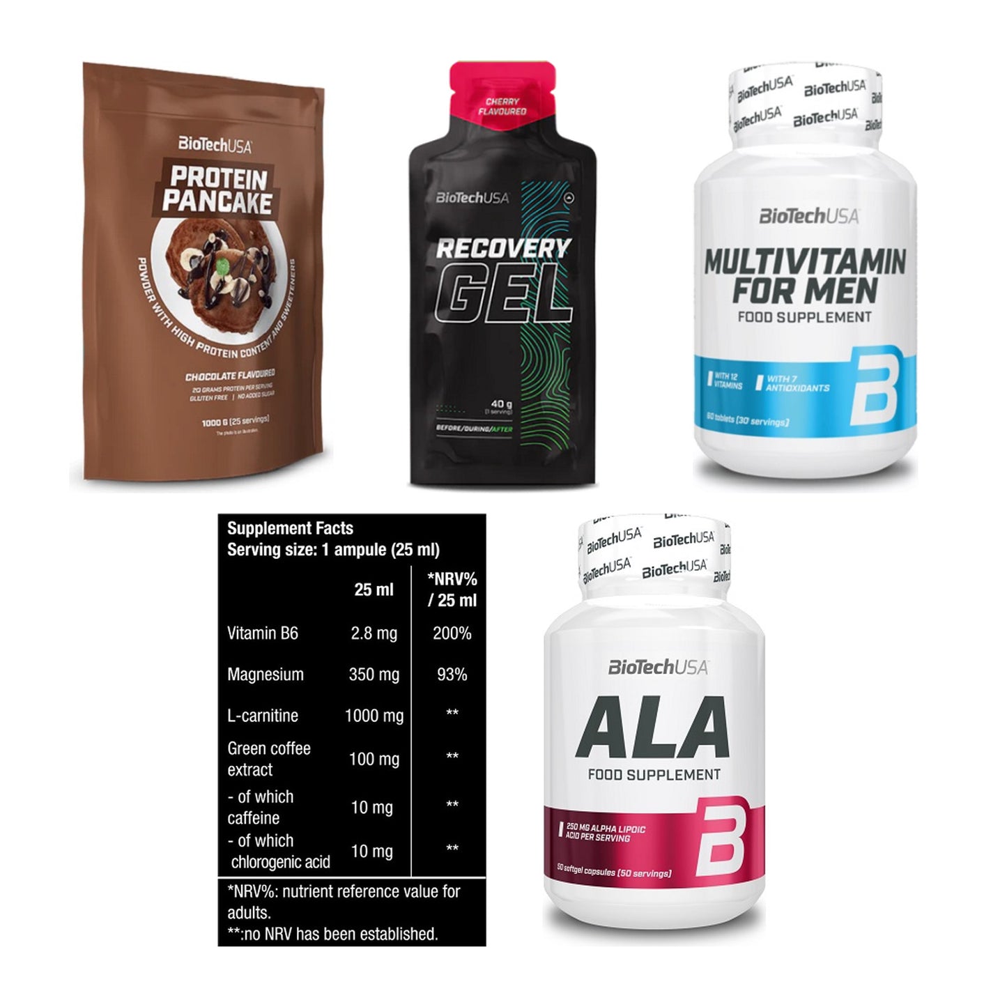 BioTech USA Marken-Großset: Protein Pancake + Recovery Gel + 3 weitere – alle enthaltenen Artikel