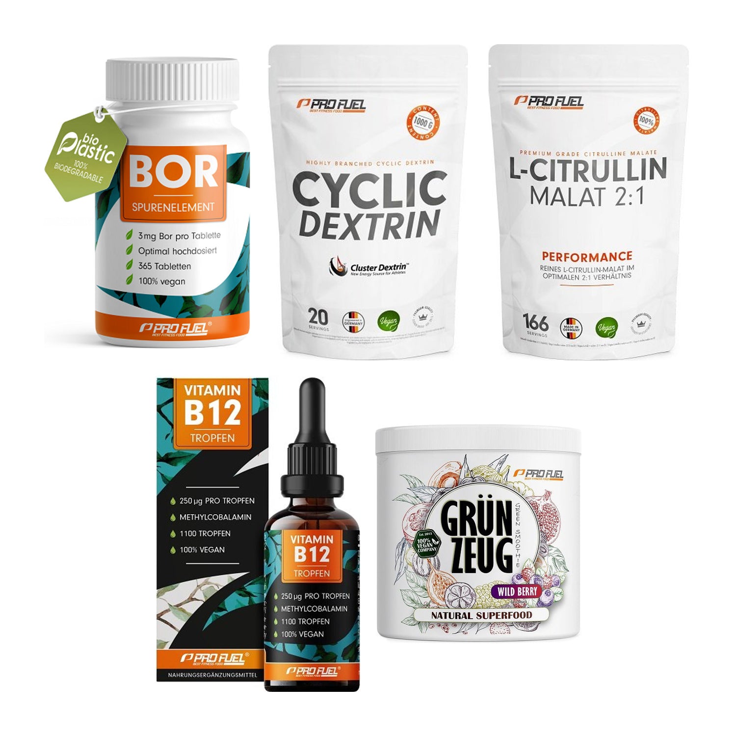 ProFuel Marken-Großset: BOR + Cyclic Dextrin + 3 weitere – alle enthaltenen Artikel