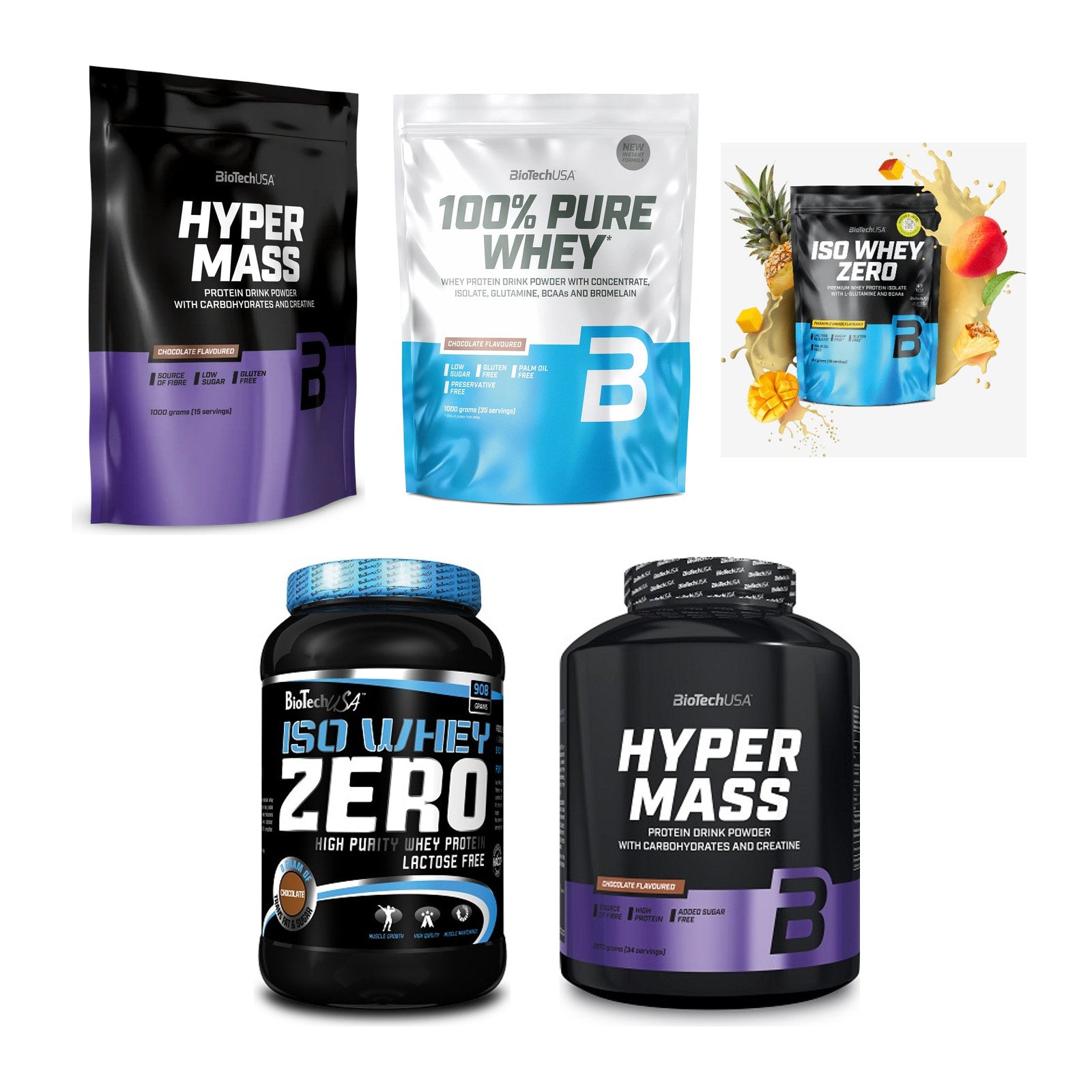 BioTech USA Marken-Großset: Hyper Mass + 100% Pure Whey + 3 weitere – alle enthaltenen Artikel