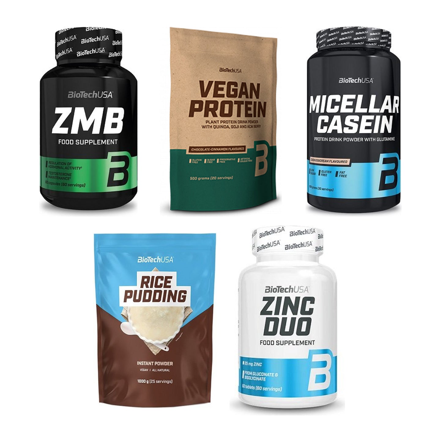BioTech USA Marken-Großset: ZMB + Vegan Protein + 3 weitere – alle enthaltenen Artikel