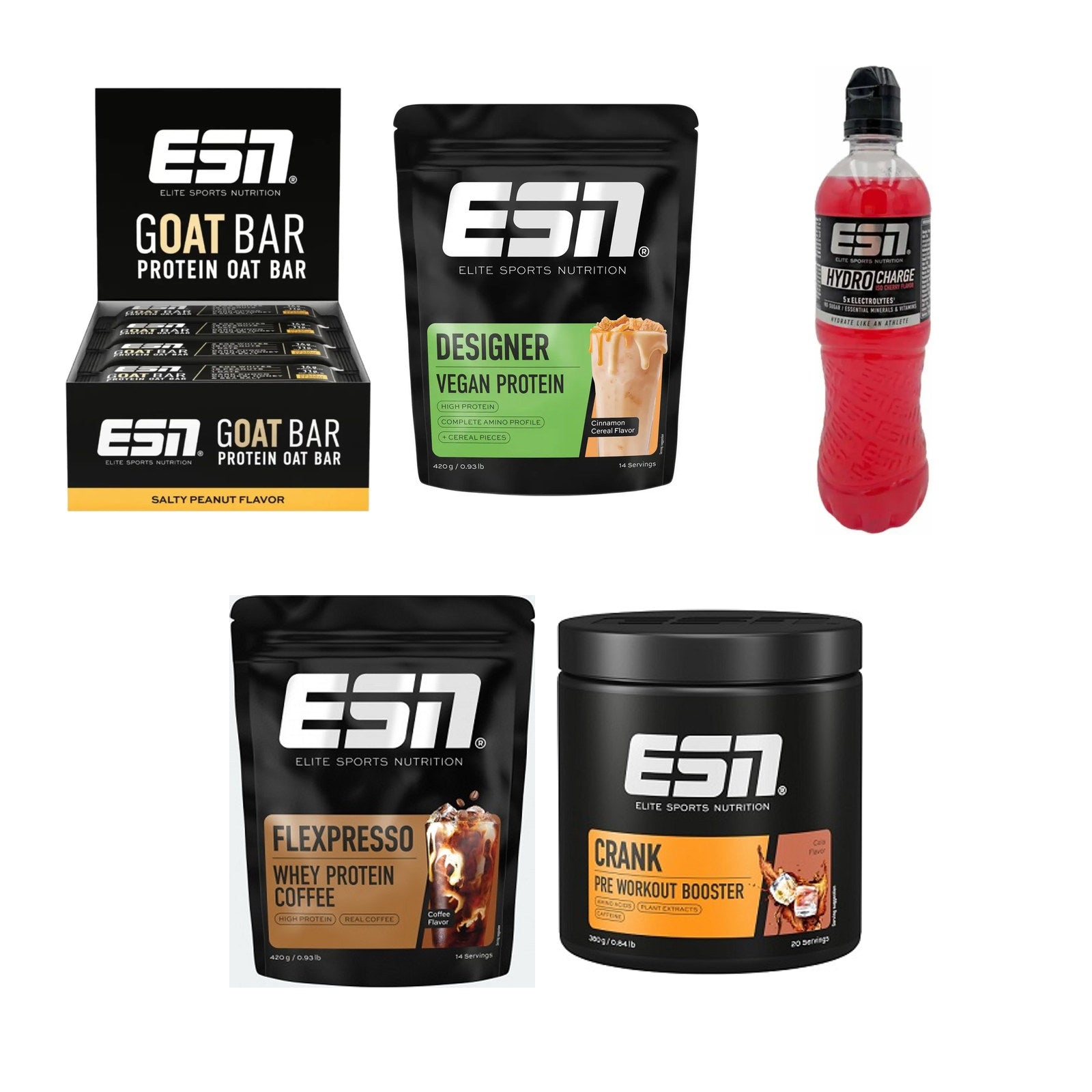 ESN Marken-Großset: Goat Bar + Designer Vegan Protein + 3 weitere – alle enthaltenen Artikel
