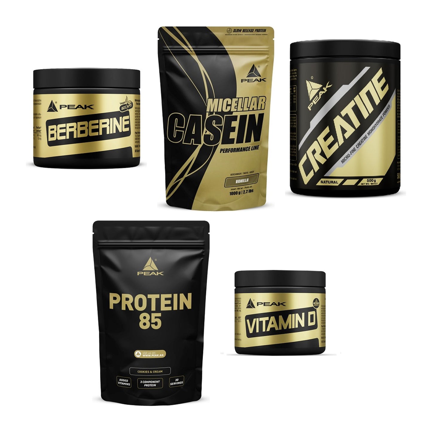 Peak Marken-Großset: Berberine + Micellar Casein + 3 weitere – alle enthaltenen Artikel
