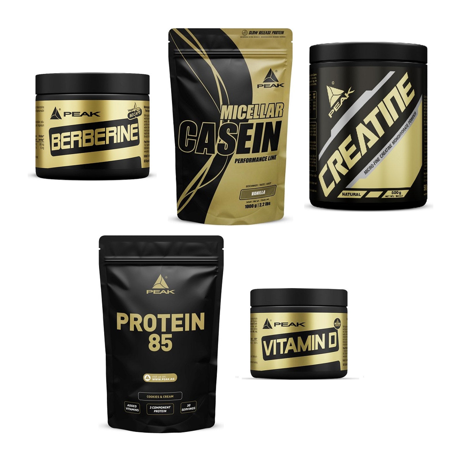 Peak Marken-Großset: Berberine + Micellar Casein + 3 weitere – alle enthaltenen Artikel