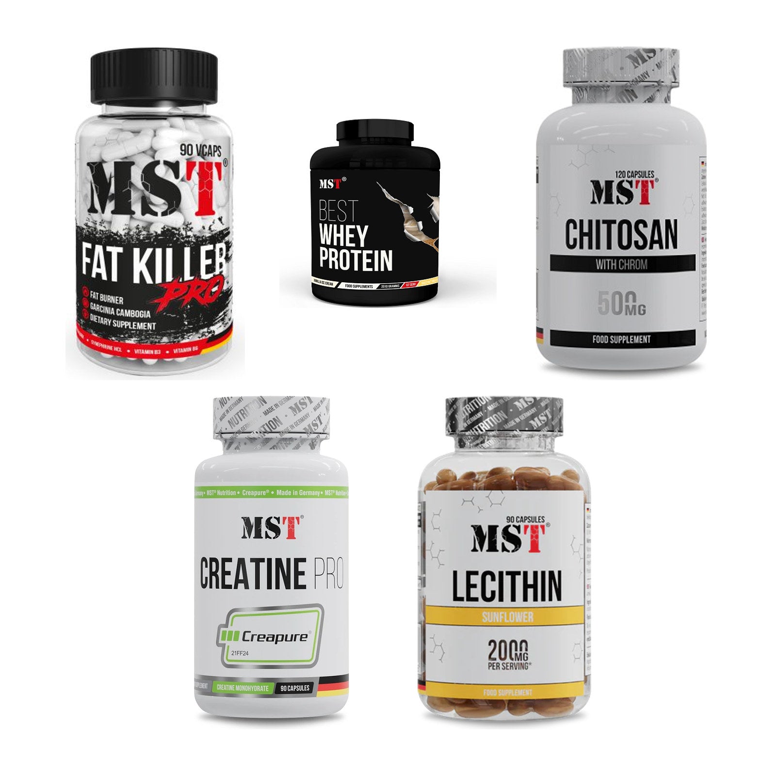 MST Marken-Großset: Fat Killer + Best Whey Protein + 3 weitere – alle enthaltenen Artikel