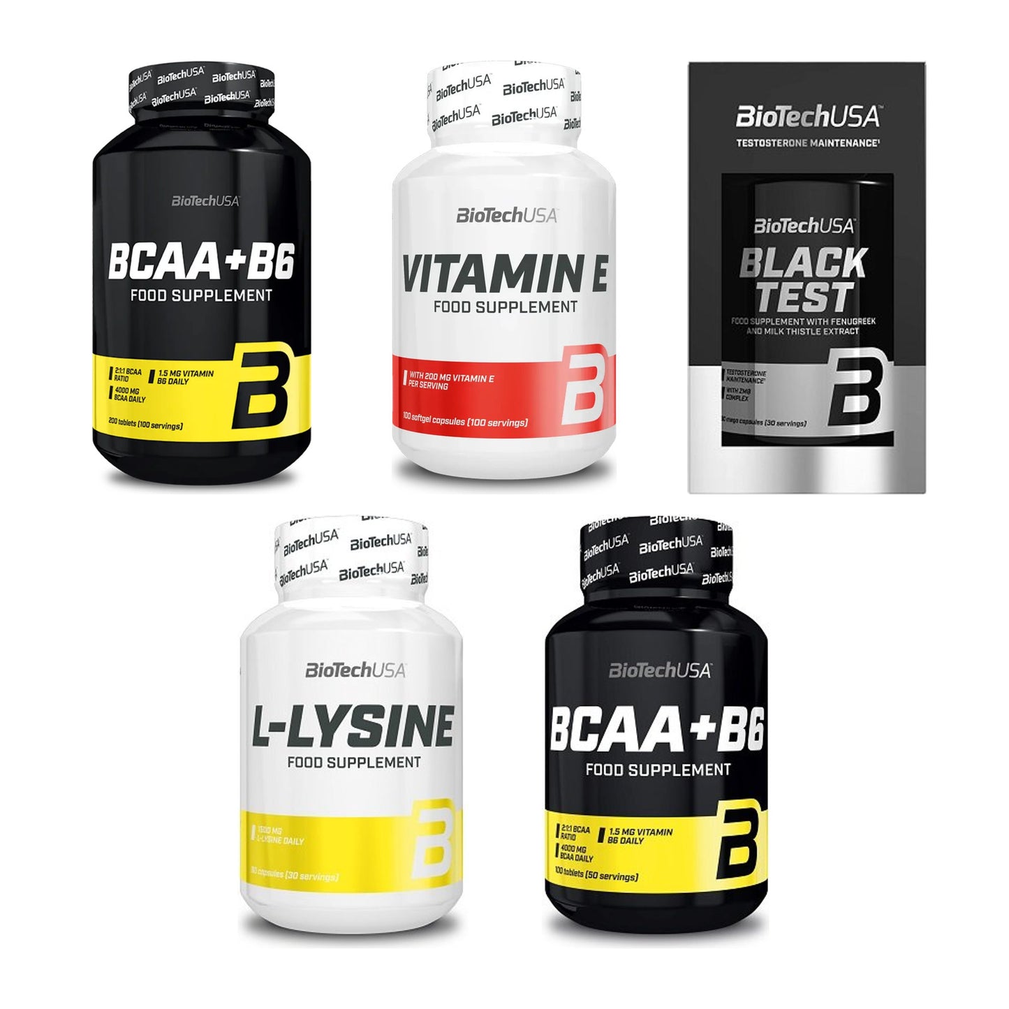 BioTech USA Marken-Großset: BCAA+B6 200 + Vitamin E 100 + 3 weitere – alle enthaltenen Artikel